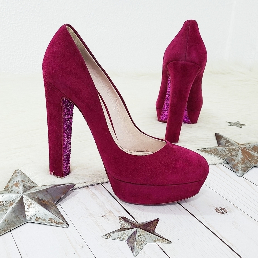 Miu Miu dark pink suede pumps fuchsia glitter platform heels size 38